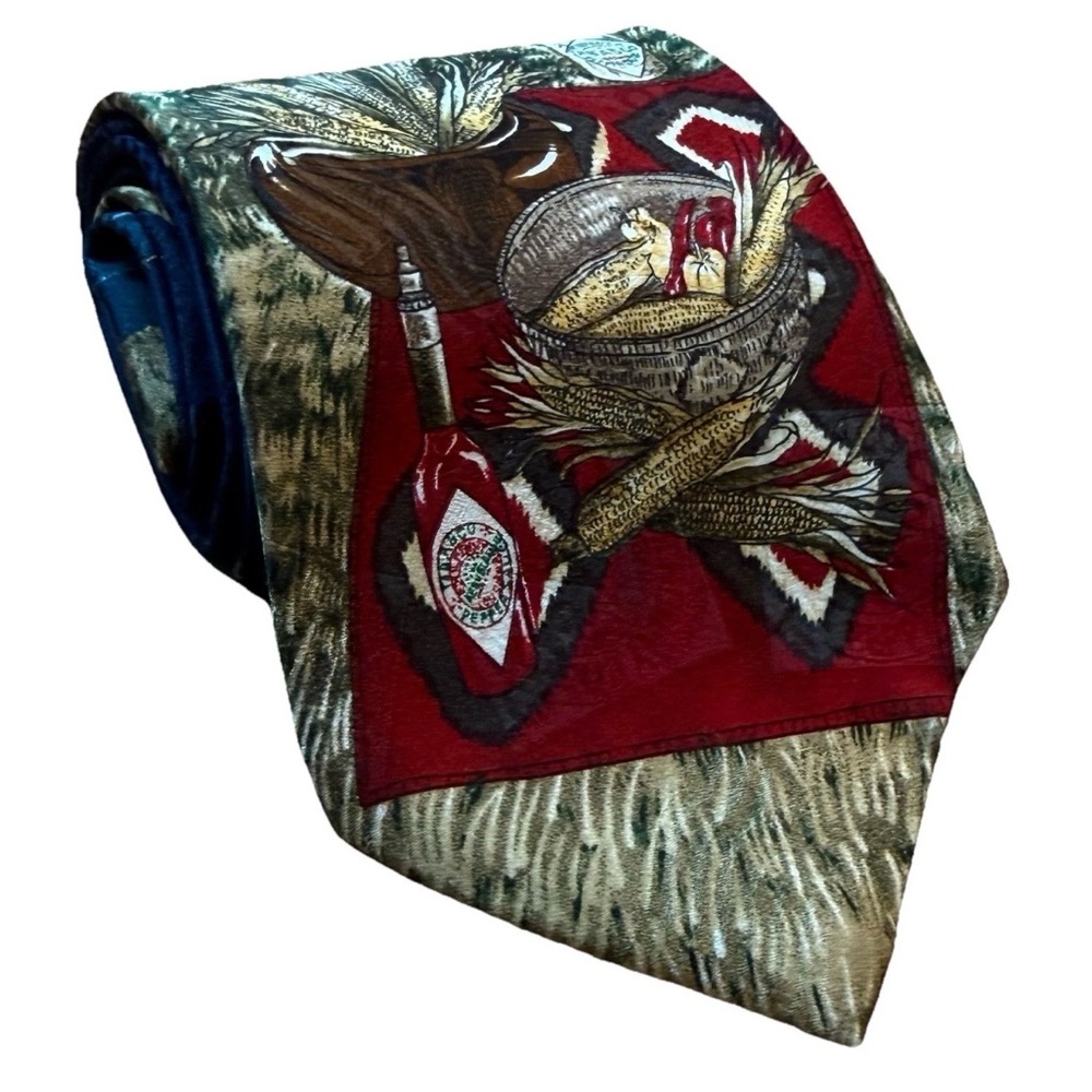 Tabasco Silk Tie Made in USA Red Brown Navy Sauce Corn Peppers Aztec Indigenous